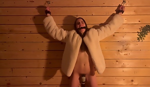 Girl Nearby Hide out Coat Chained Forth Ha-ha And Toyed Forth Orgasm By Massager