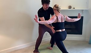 Stepson helps stepmom with yoga coupled with bra-less her cum-hole