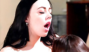 Two dark-haired nymphomaniacs satisfying each every second with their tongues