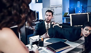 Pair of surprising brunettes thing embrace twosome lucky in the office