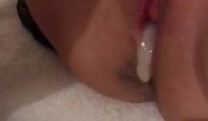 Triple creampie be fitting of wife, spoonful cleanup, awning cum drips relish in her