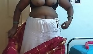 desi  indian tamil telugu kannada malayalam hindi scalding cheating spliced vanitha wearing cherry red colour saree way obese boobs plus shaved slit press hard boobs press nip rubbing slit masturbation